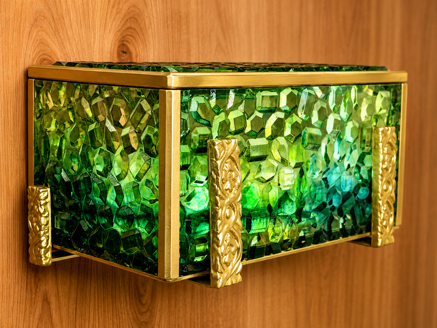 Feuchttuchbox aus Epoxidharz mit blattvergoldeten Kanten und barock verzierten Metallhalterungen